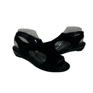 Stuart Weitzman Sandals Wedge Black Nero Crepe Stretch Vacation Casual Dress 8M